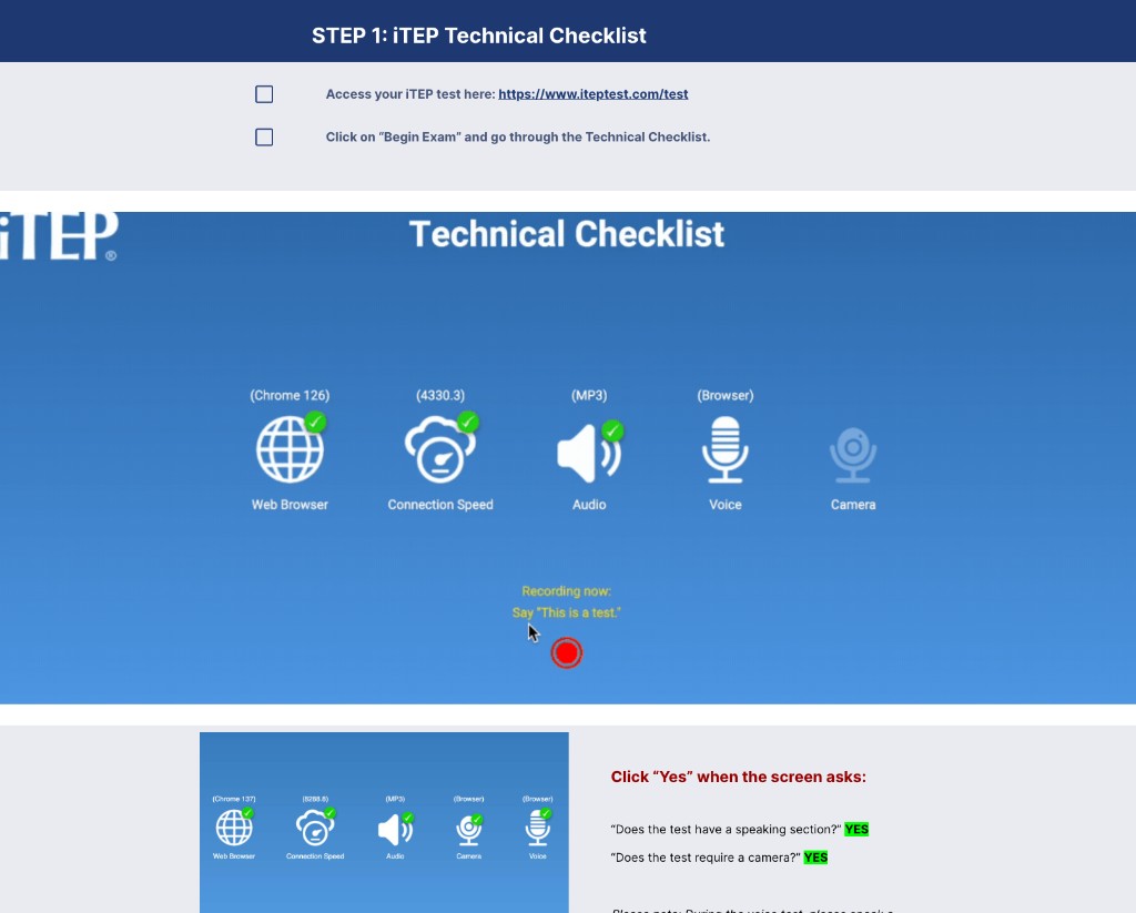 iTEP Technical Checklist：マイクテスト中の画面