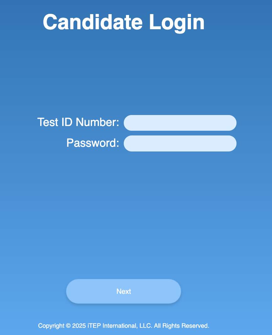 Candidate Login 画面：Test ID Number と Password を入力